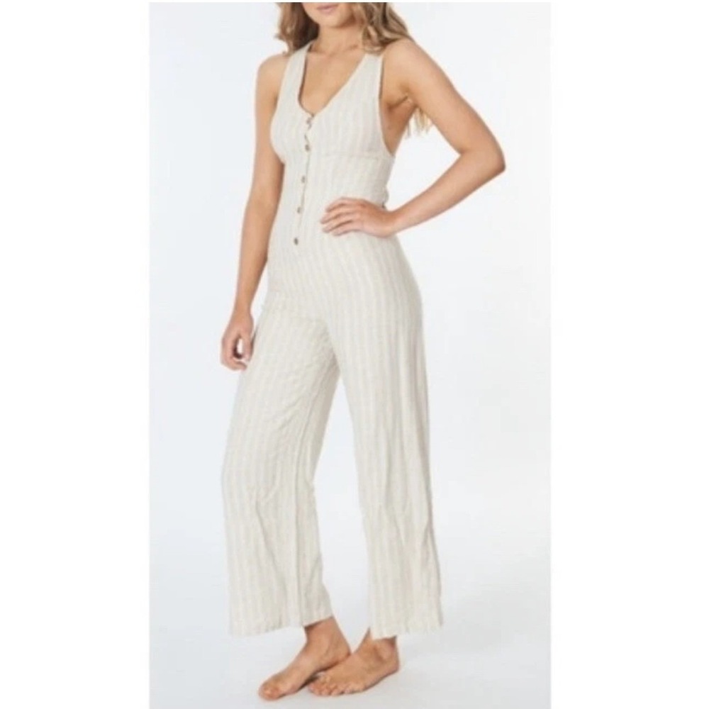Rip Curl Surf Shack Linen‎ Striped Wide Leg Jumpsuit Cream Tan Womens Size M